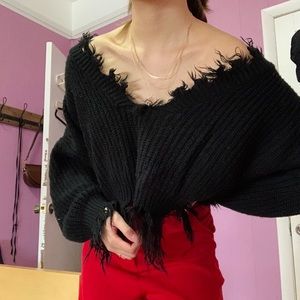 Raw hem cropped black sweater